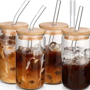 DWTS DANWEITESI Glass Cups with Lids and Straws 4 pcs
